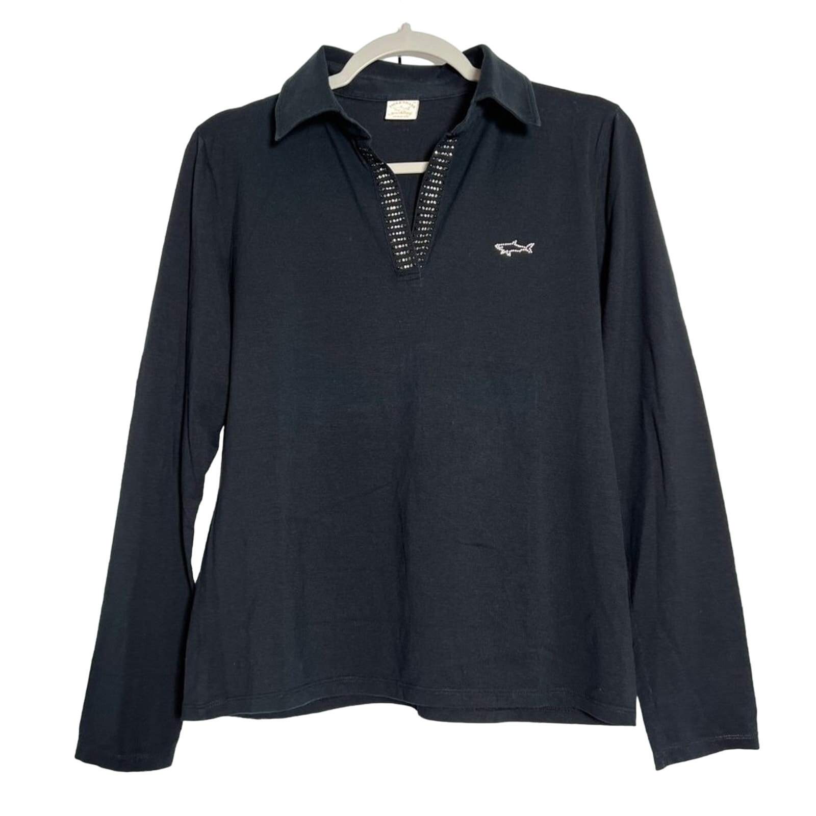Paul & Shark Yachting Crystal Open Collar Long Sleeve Polo SIZE XL Black Top