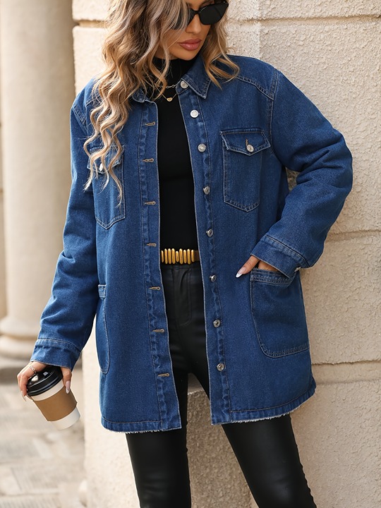 Long Sleeves Flap Pockets Keep Warm Long Denim Coat -5zs5