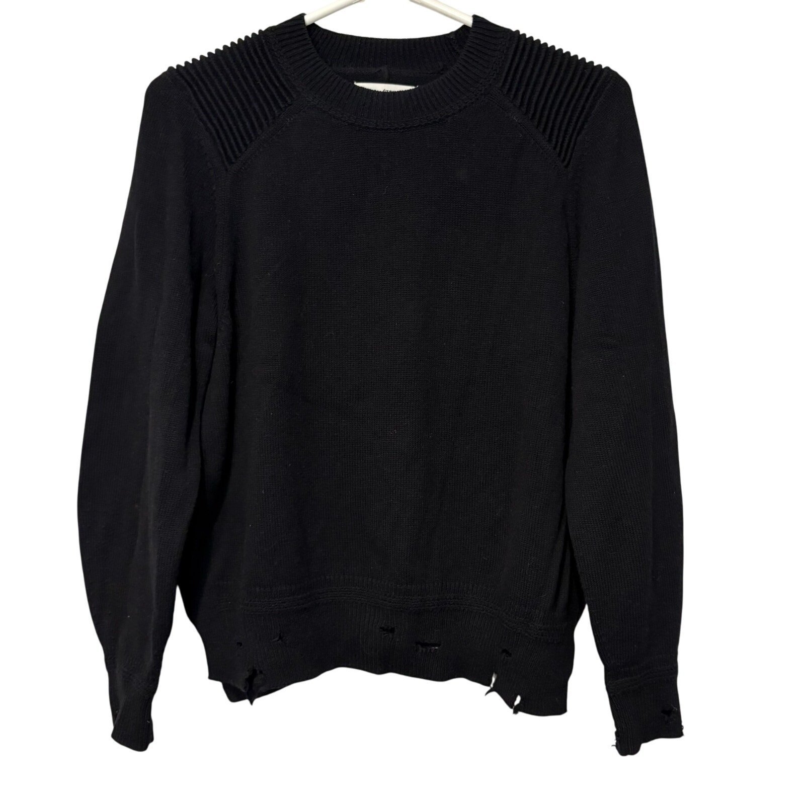 Isabel Marant Etoile Black Wool Blend Side Slit Crewneck Distressed Sweater 36