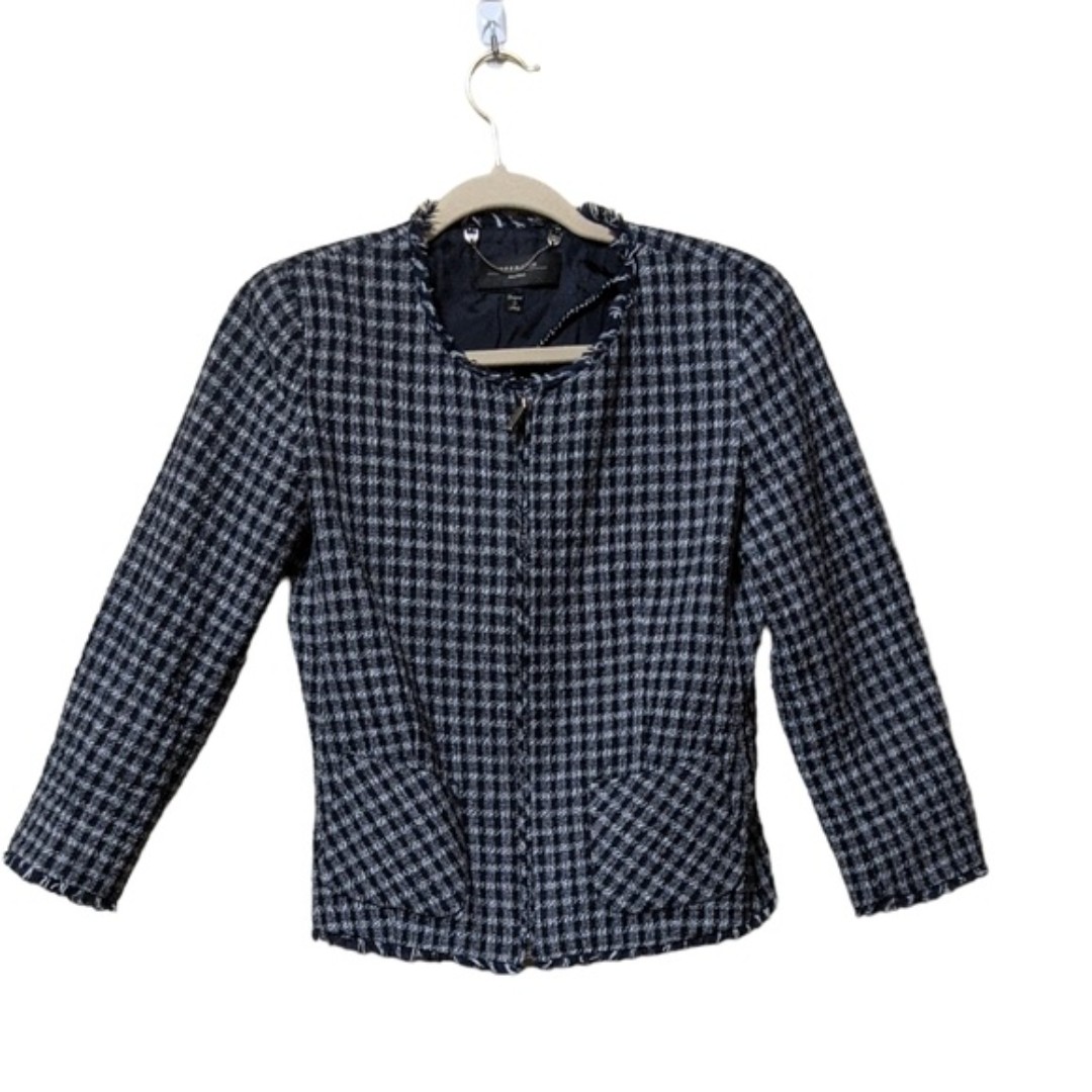 Weekend Max Mara plaid print evening classic blue fringe trim jacket blazer 4US