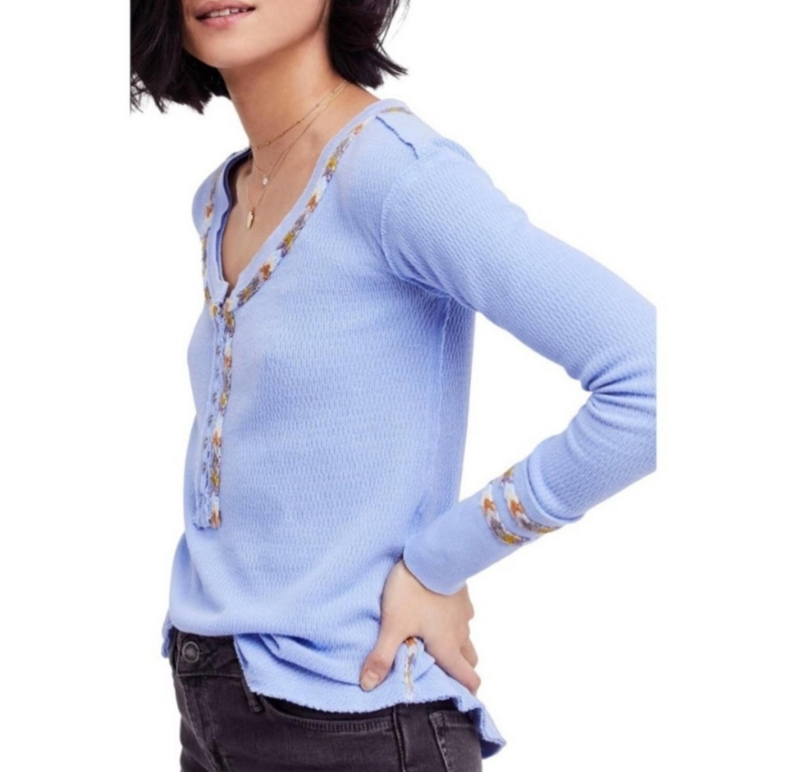 Free People Embroidered Thermal Top Light Blue Rainbow Geometric Color Trim.