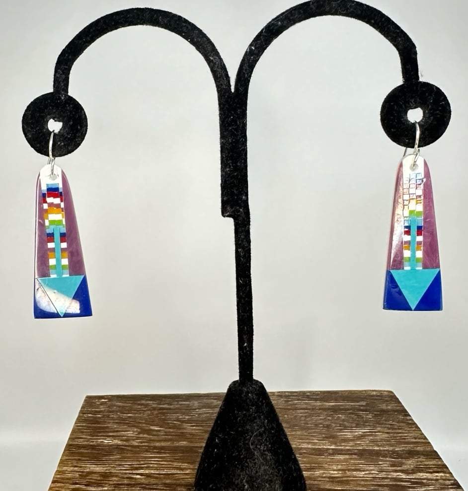 Southwestern Native Sterling Silver Multistone Inlay Gibbsite Dangle Earrings
