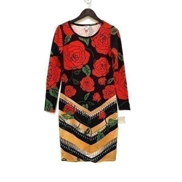 NWT Bohemian Black Red Roses Elegant Debbie Gold Geo Bodycon Dress Medium