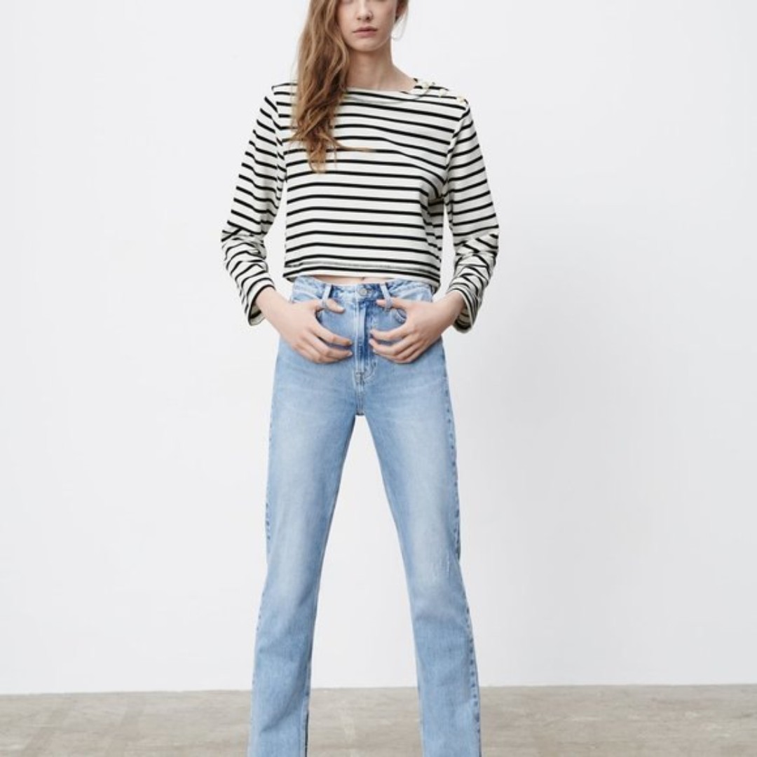 Zara Striped Black and White Button-Shoulder Long Sleeve Crop Top (NWT)