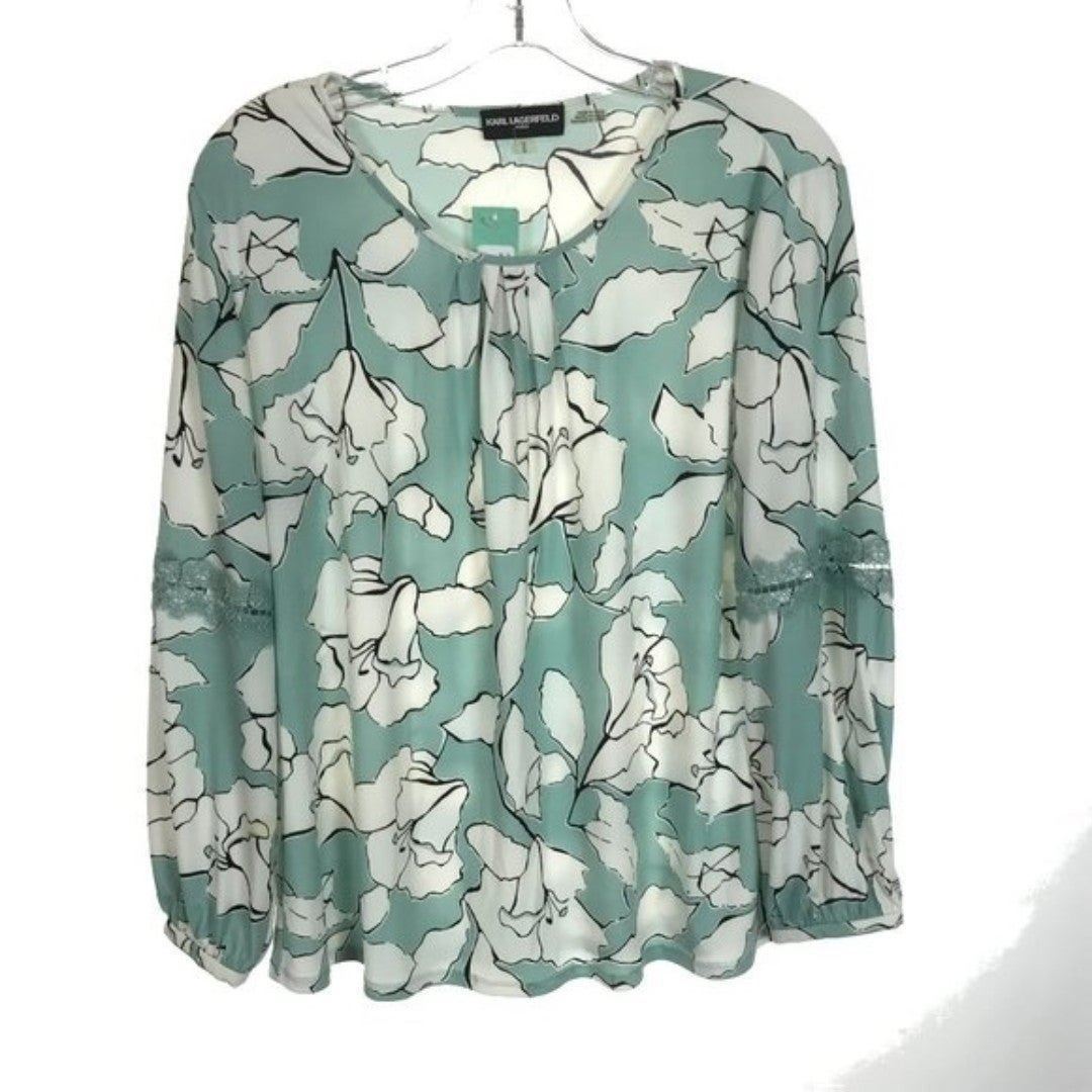 NWT Womens Size Medium Karl Lagerfeld Green Gathered Neck Floral Print Blouse