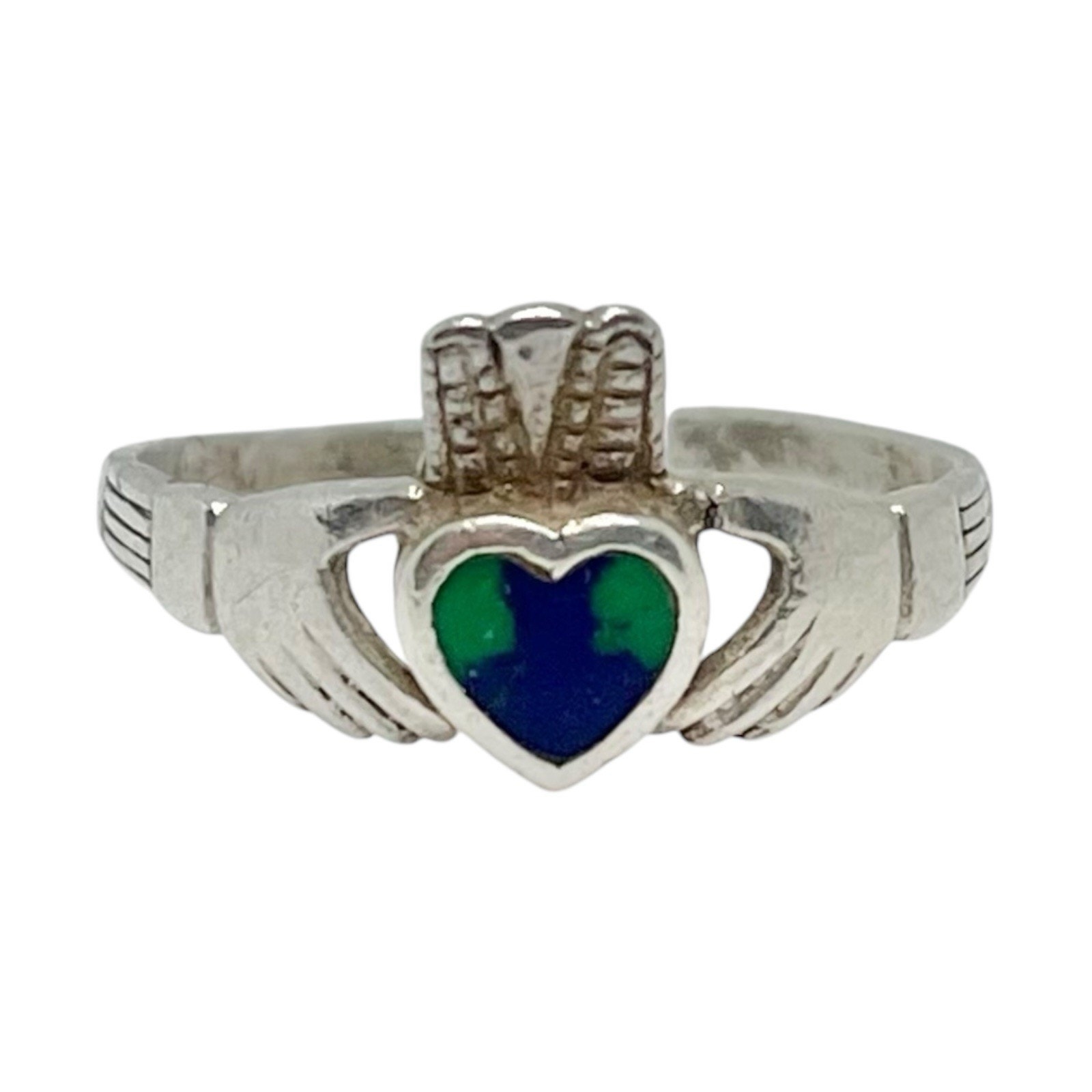 1970s Vintage Sterling Silver .925 & Blue Green Lapis Claddagh Ring, Size 7