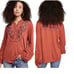 Free People Orange Floral Embroidered Top Blouse Henley Long Sleeve Boho L