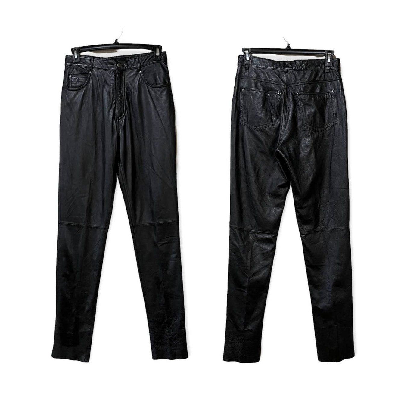 Wilsons Black Leather Pants Size 12 Tall 5 Pocket High Rise Raw Hem