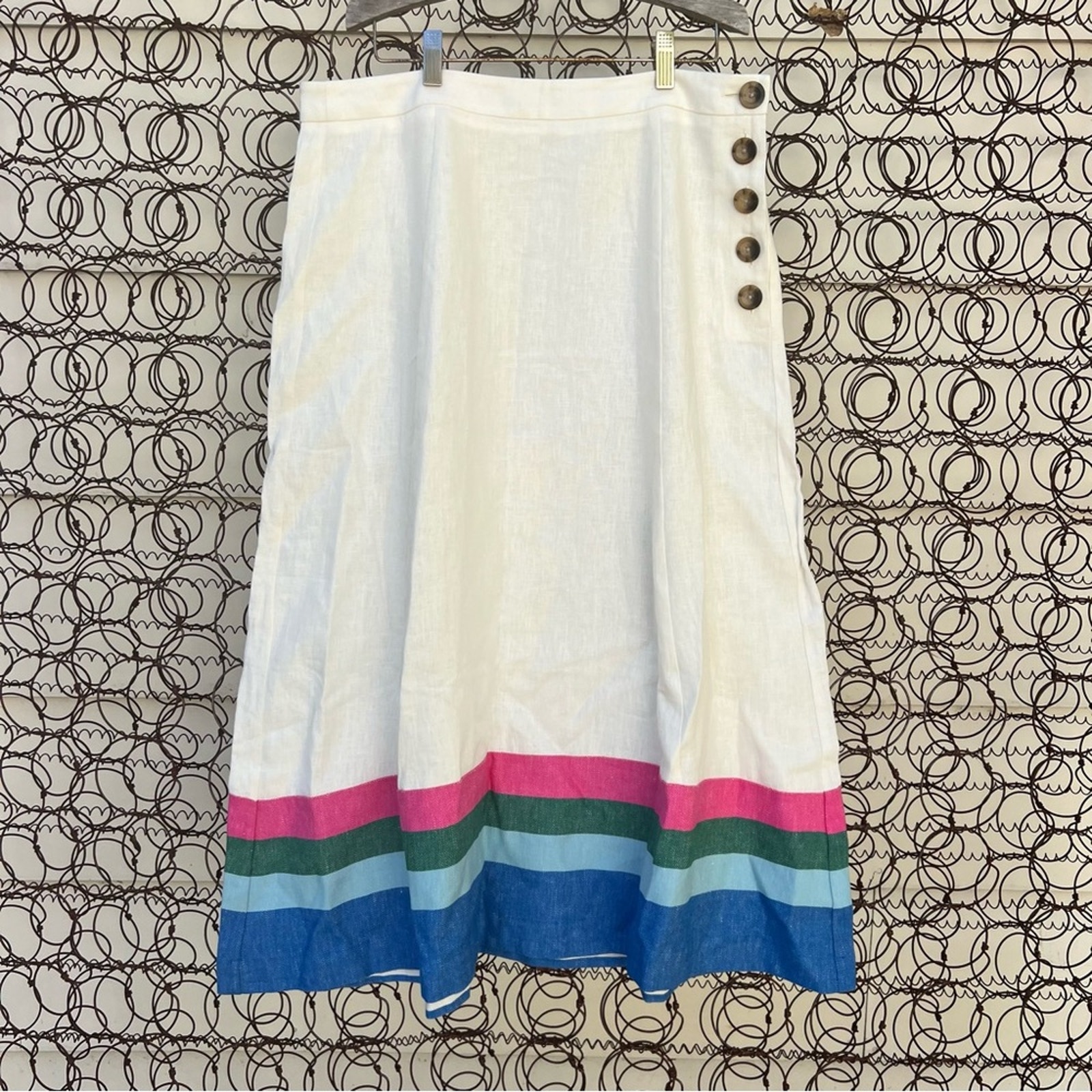 Boden Linen Blend Stripe Hem Midi Skirt Button Side Size 10