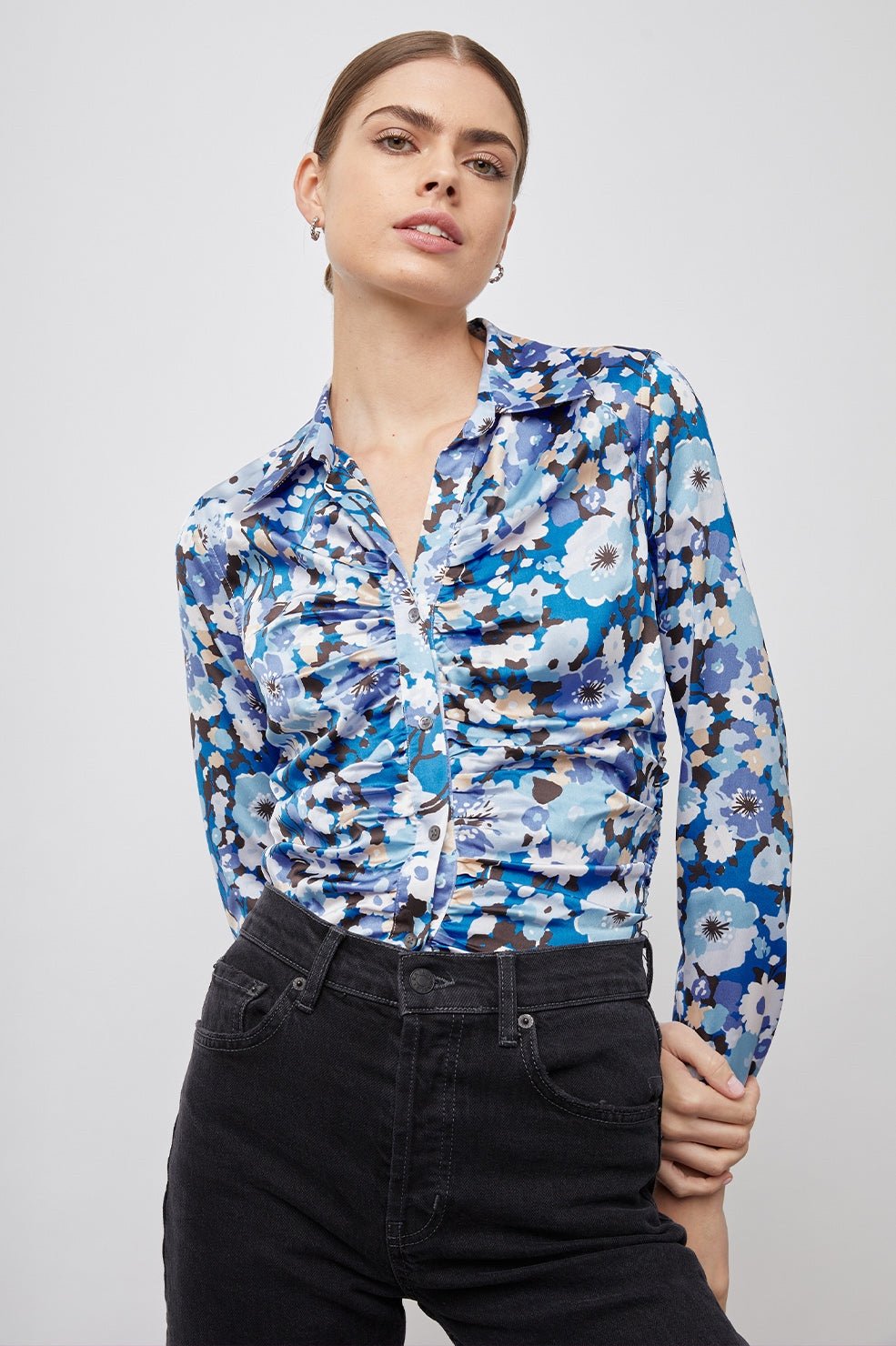 Rails Shirt Women's Lisa Zinnia Top Blue Floral Long Sleeve Ruched original 150