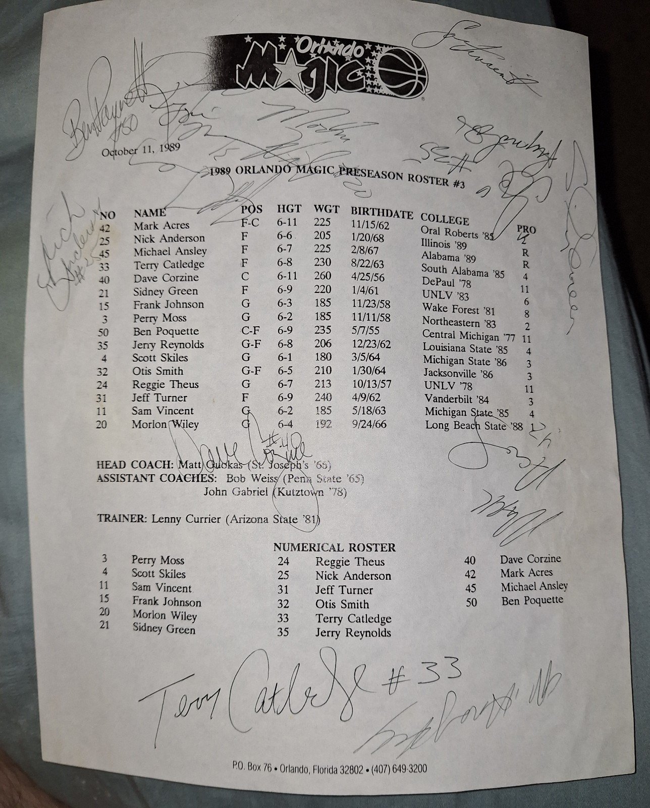 Orlando Magic 1989 Preseason Roster #3