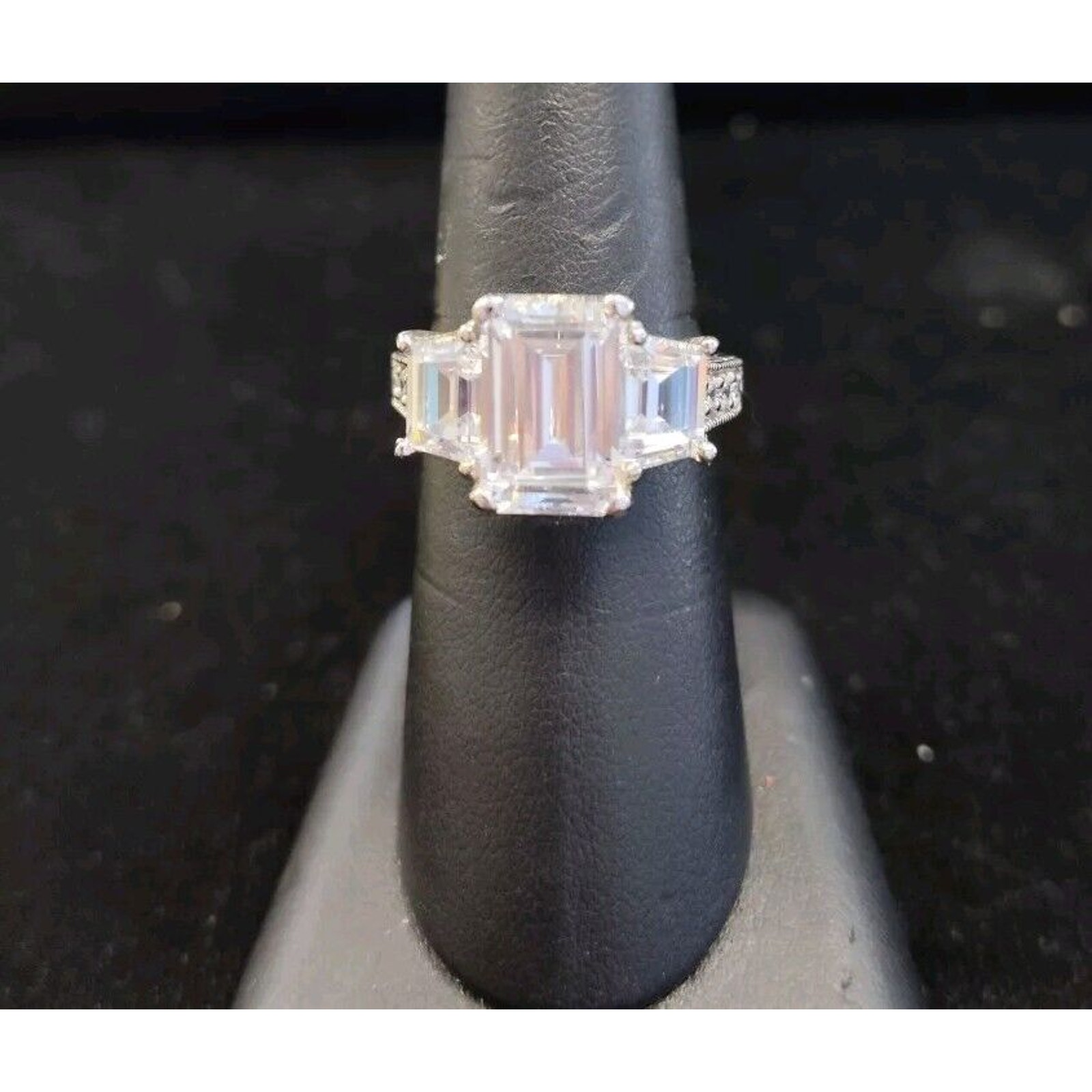 GSJ Emerald Cut 12x8mm Cubic Zirconia Ring Size 8 CZ Side Rounds Thailand 7.2gr
