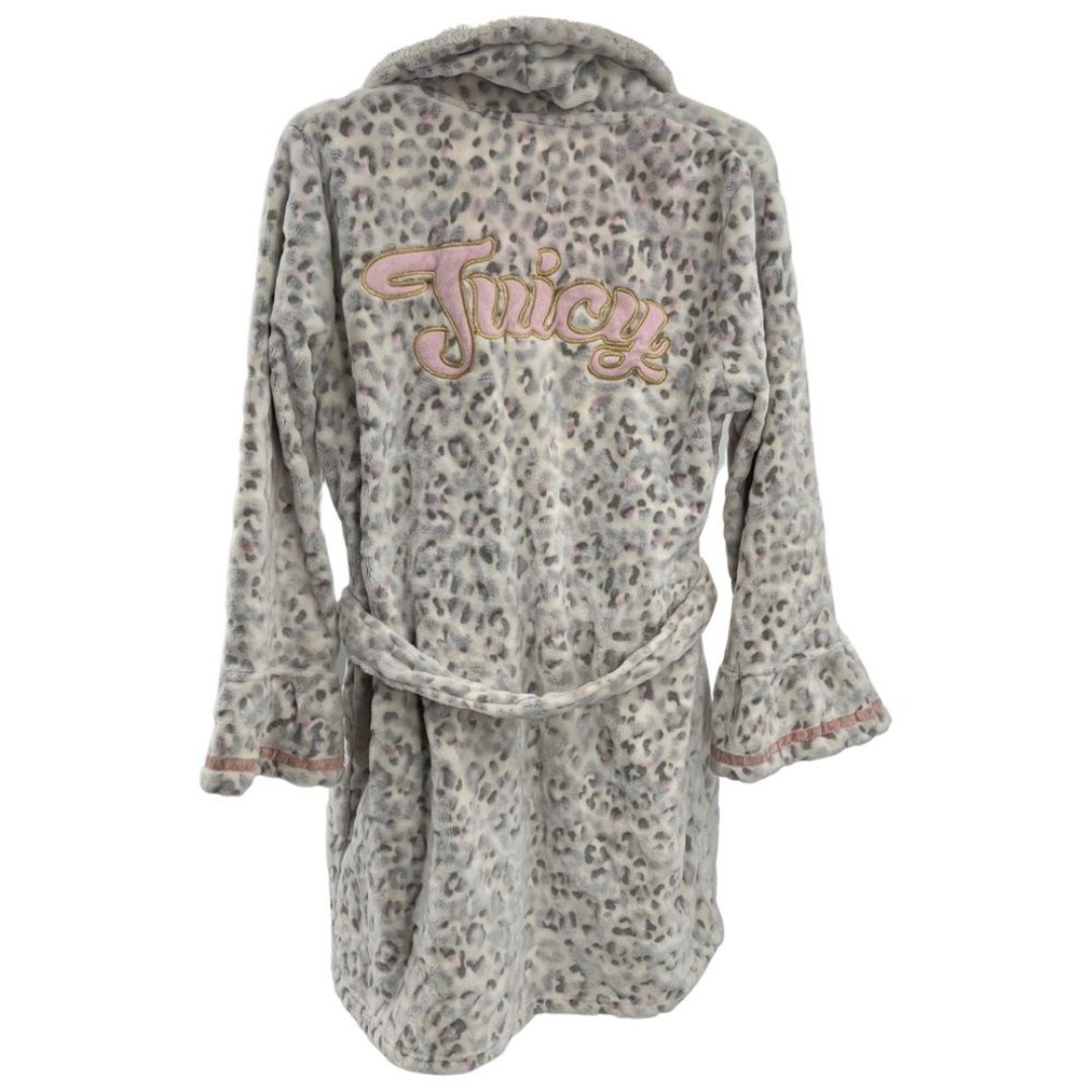 Juicy couture leopard short robe spell out plush lounge sleep white gray pink