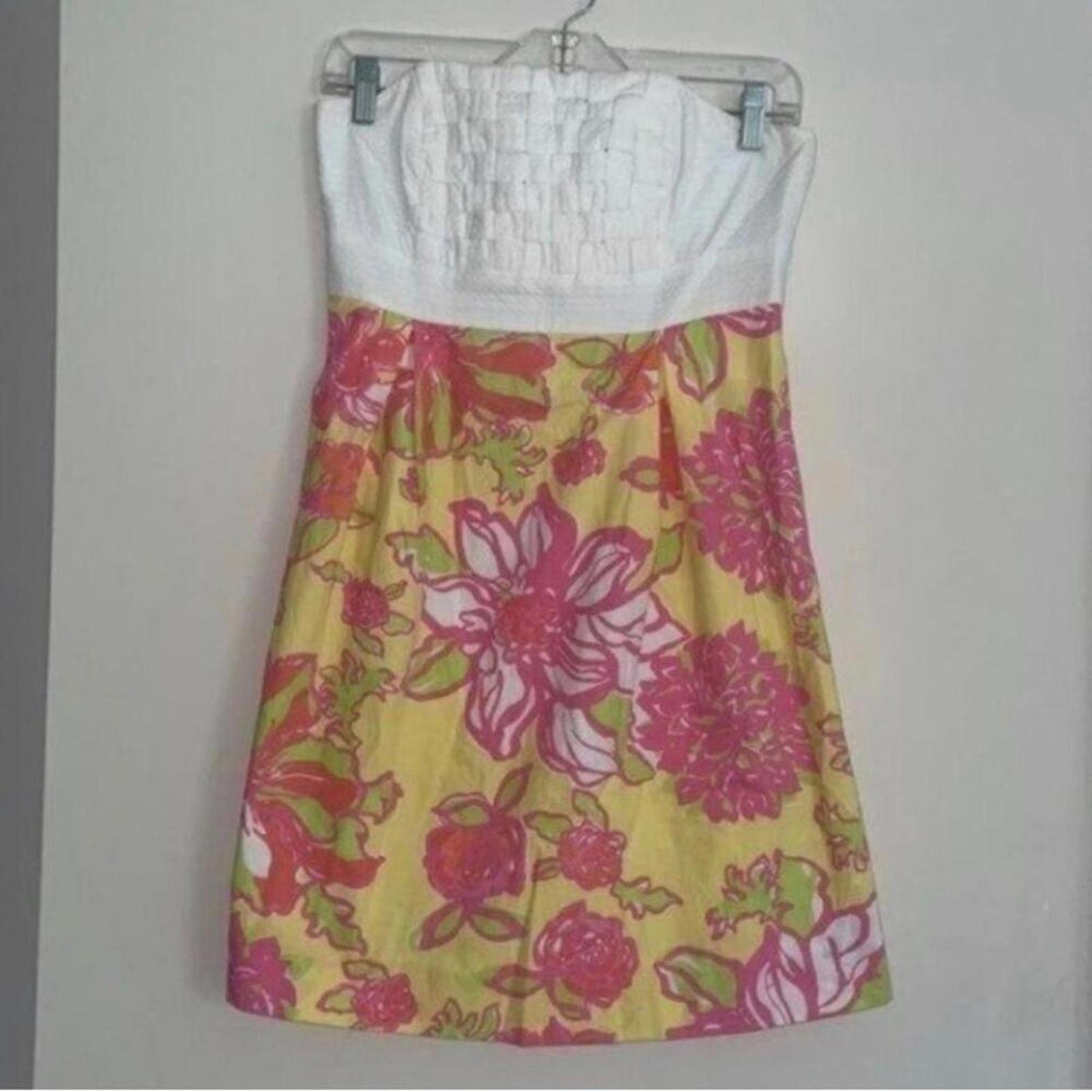 Lilly Pulitzer Starfruit Pink Yellow and White Lattice Bust Strapless Dress