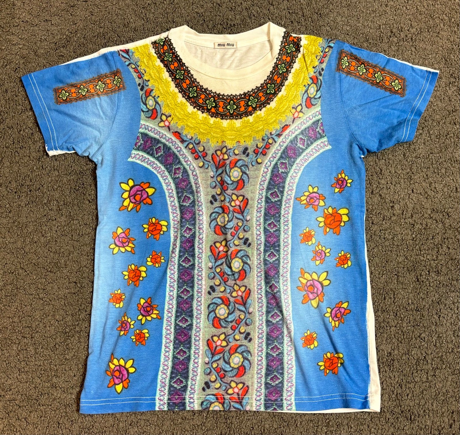 Miu Miu Floral Print T-Shirt White Blue Short Sleeve Size Small
