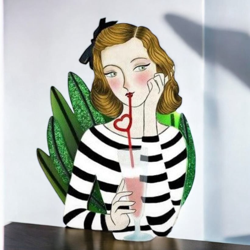 Pinup with Milkshake Brooch Special Days Collection Black White Stripe Laliblue