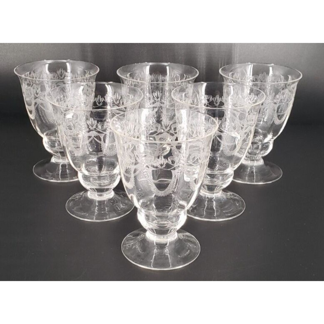 Vintage Etched Iced Tea Footed Goblet Set of 6 Lead Glow!