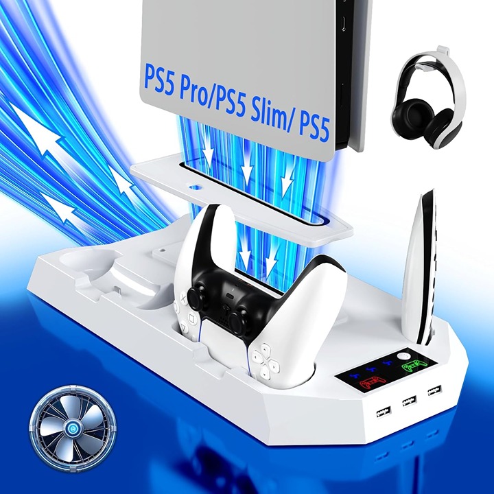 PS5/PS5 Slim/PS5 Pro Stand and Cooling Station with Dual Controller Charging Sta