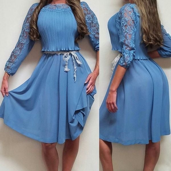 Vintage New Discoveries Periwinkle Blue Chiffon Plisse Lace Pearl Midi Dress
