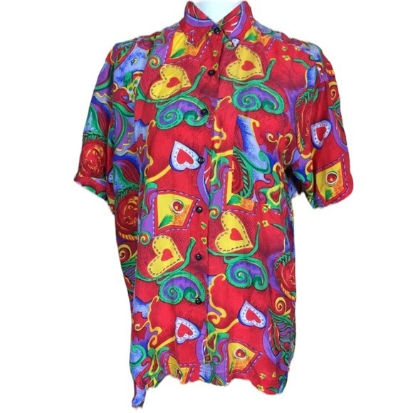 Vintage Unique Loud Hearts Allover Filagree Lauren Brooke Funky 100% Silk Button