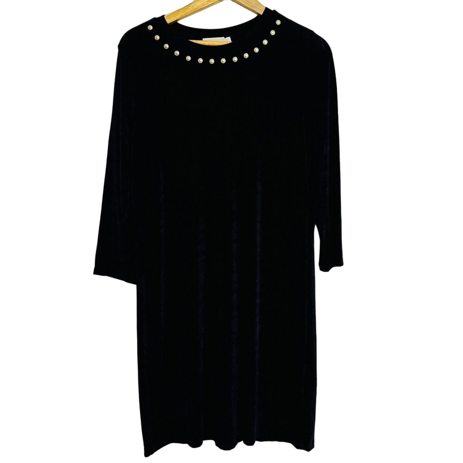 Michael Kors Long Sleeve Gold Studded Midi Dress Jersey Stretch Black Size L