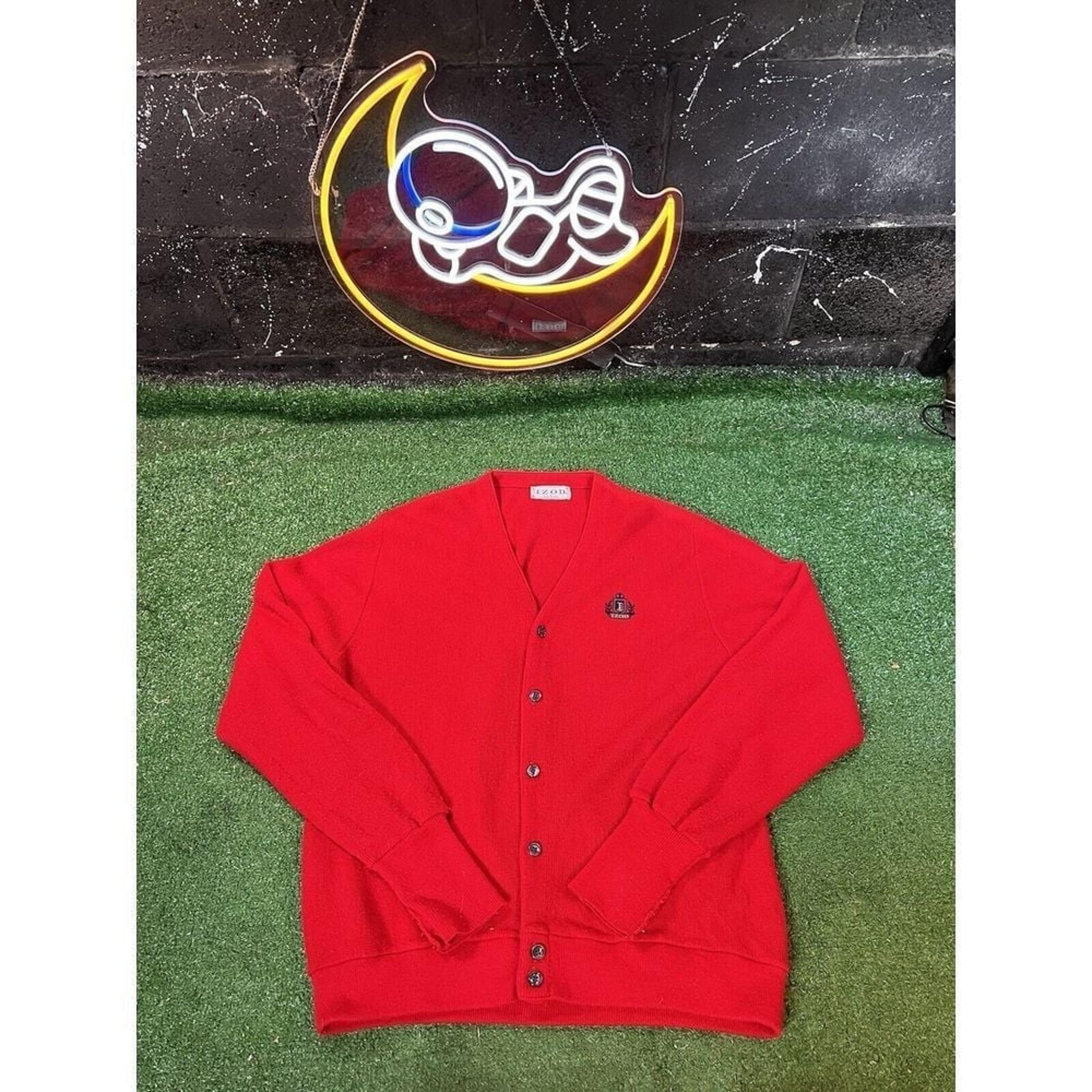 COPY - Vintage Izod Grandpa Knit Red Cardigan Sweater Crest Logo Mens Large Mad…