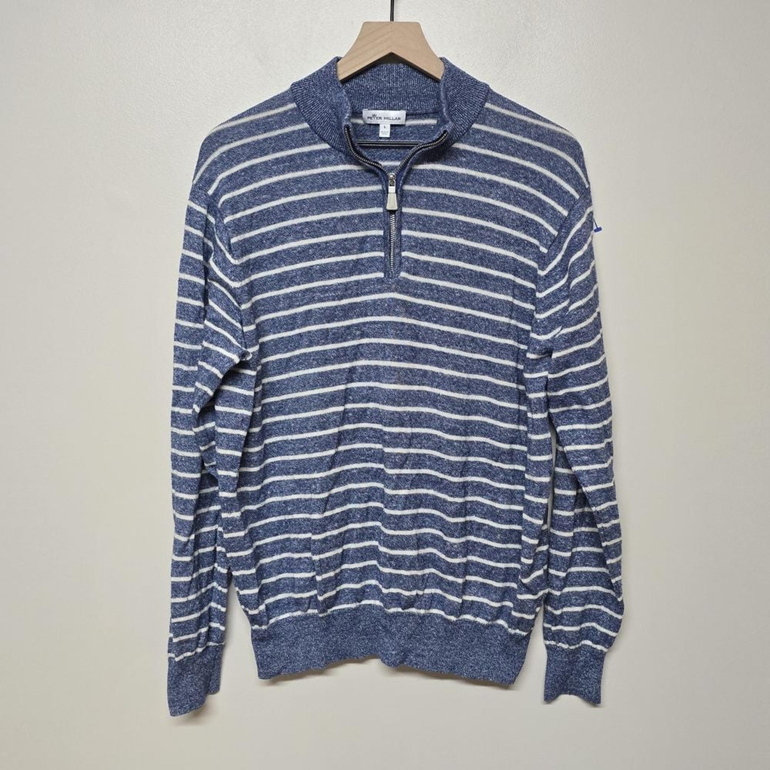 Peter Millar Crown Sweater Mens L Blue Merino Linen Mock Neck 1/4 Zip Pullover