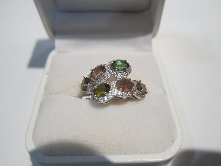 Brand new JTV multi Tourmaline ovals with white zirconia ring - size 6