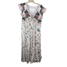 Anthropologie Cream Embroidered Flowy Maxi Dress Boho Bohemian Summer US 12
