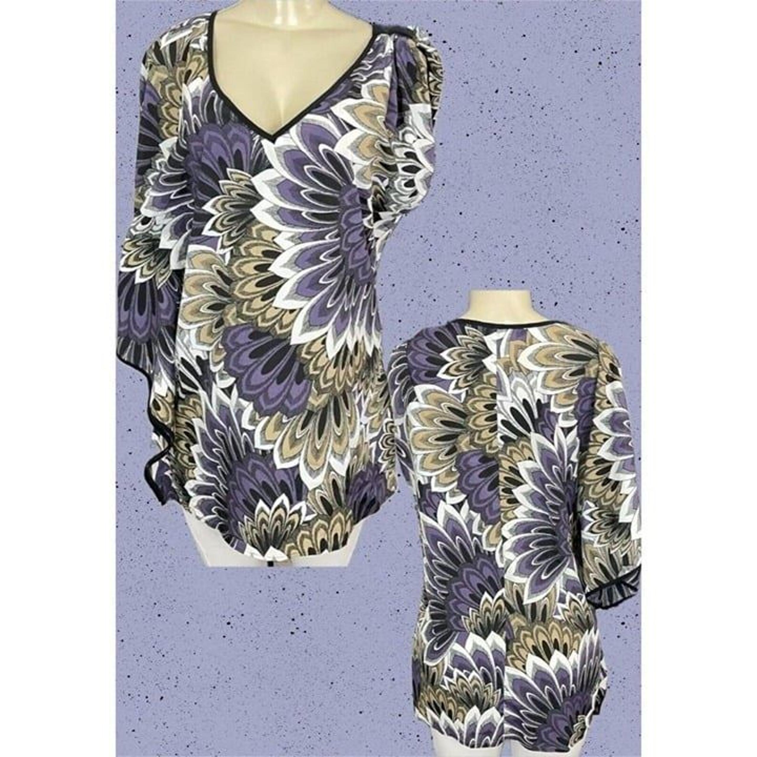 Bisou Bisou L Purple Floral Print V-Neckline One Shoulder Magyar Sleeve Blouse