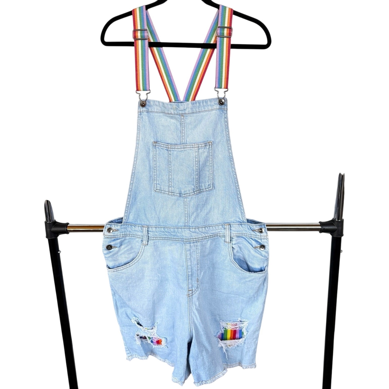 Y2K Rainbow Overall Shorts Light Wash Colorful Pride Summer Distressed Large