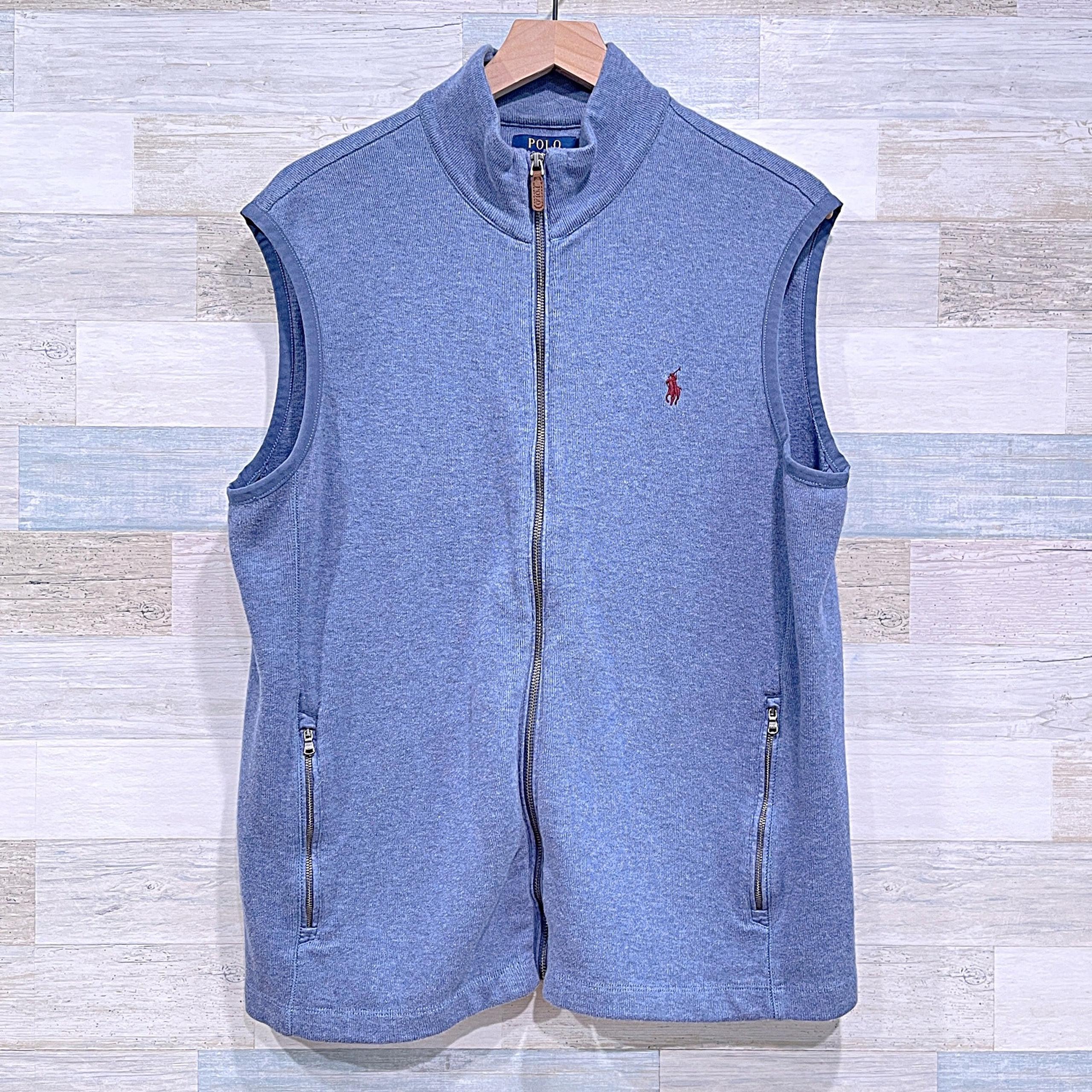 POLO Ralph Lauren Full Zip Sweater Vest Jacket Blue Pockets Cotton Mens Large