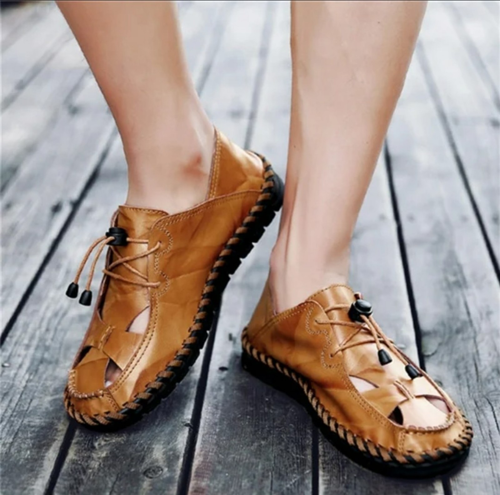 Men LeatherTan Casual Loafers with Woven Upper and Slip-On Design Size 9.5M
