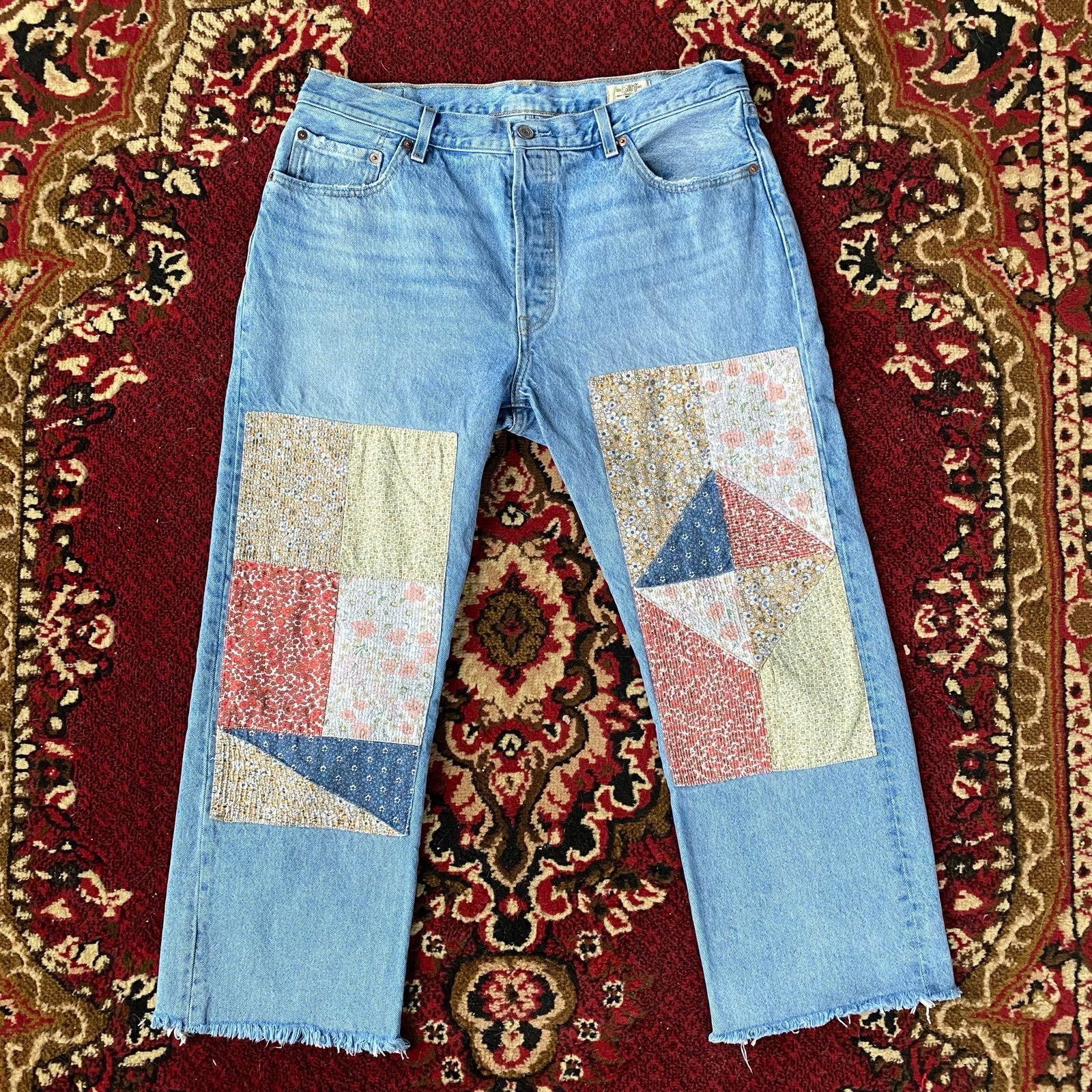 Levi's BIG E quilted patchwork western boho cottage raw hem jeans