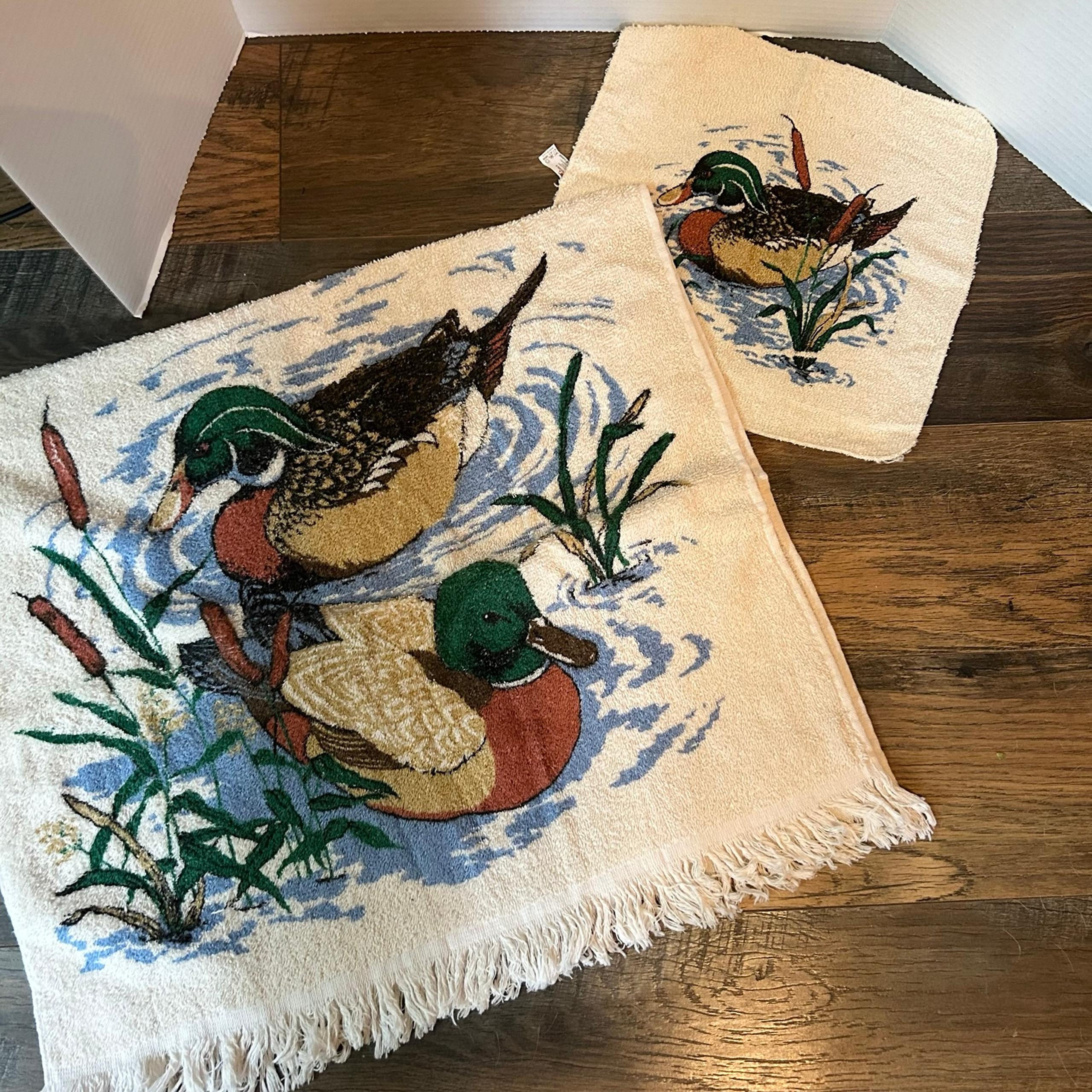 Vintage Mallard Duck Cotton Bird Lodge Bath Towel+ Wash Cloth 1980s Cannon USA