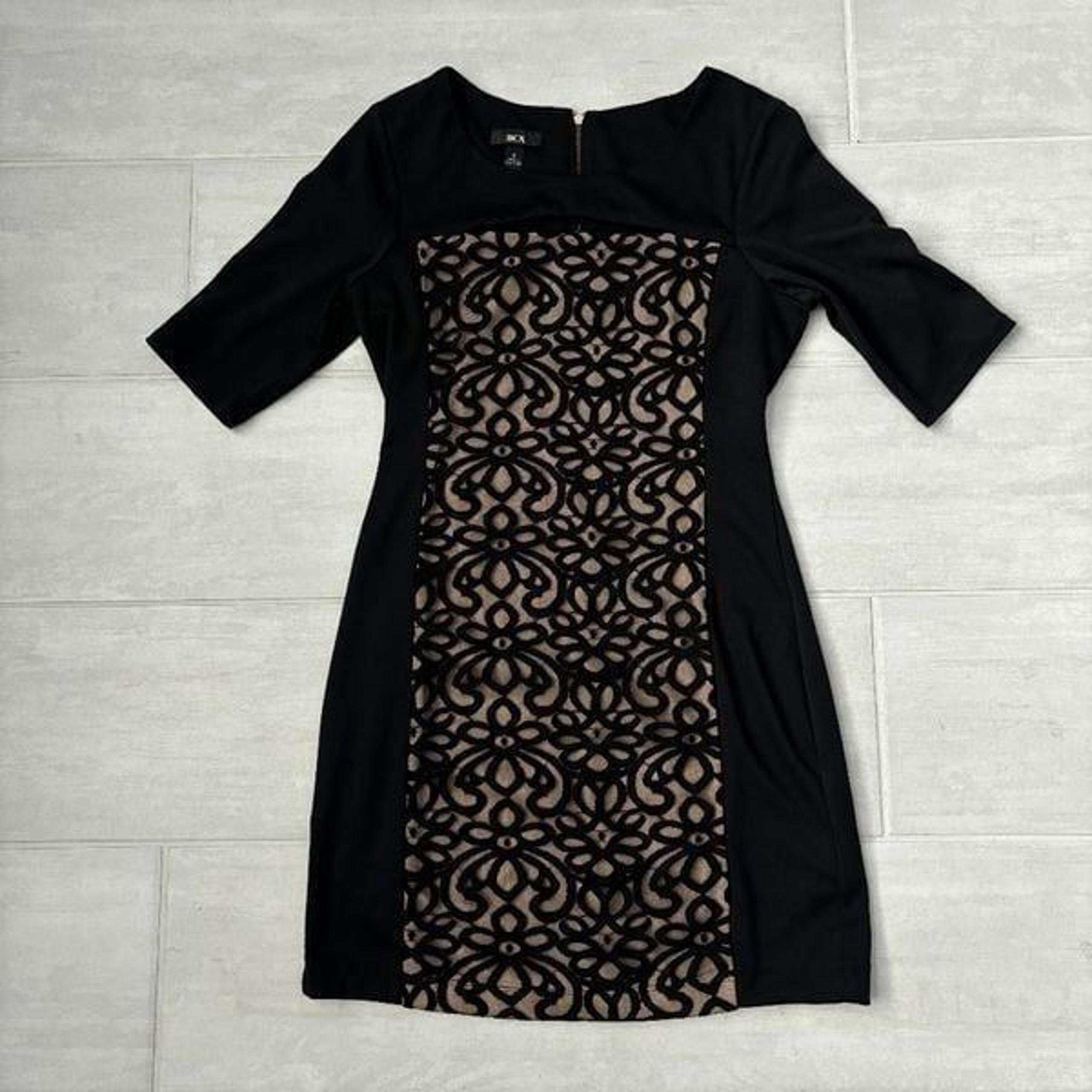 BCX Mini Dress LBD Beige Lace Bust Cut Out Short Sleeve Size 5 Zipper Bodycon