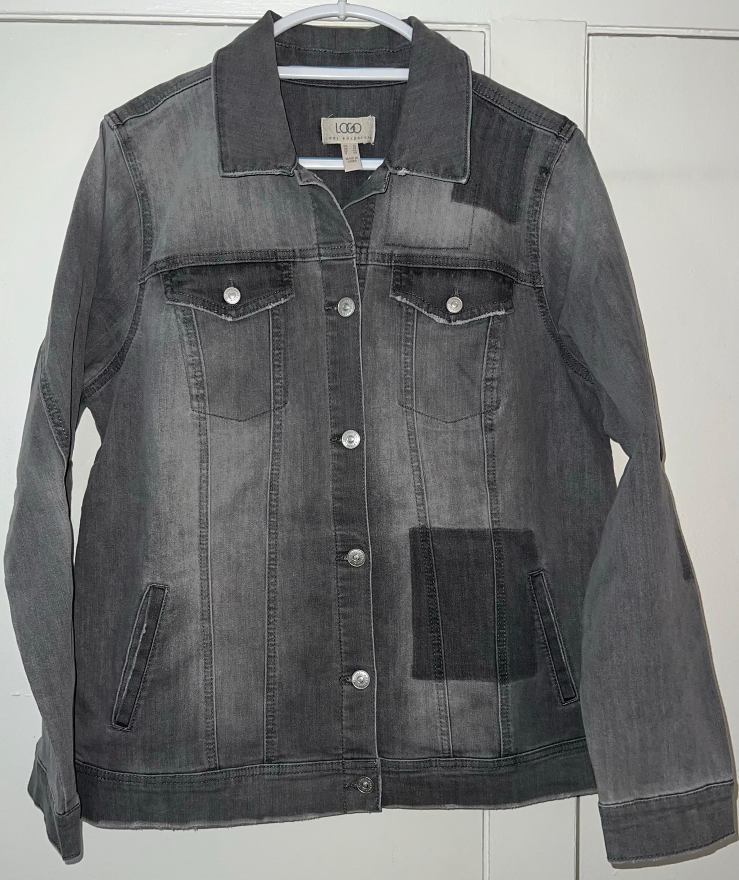 LOGO by Lori Goldstein ‘light grey wash’ shadow patch denim jacket Size 12