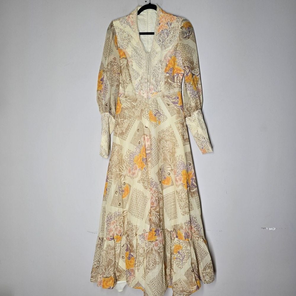 Vtg 70s Allover Floral Print Maxi Dress Sheer Sleeves Praire Bohemian Ethereal