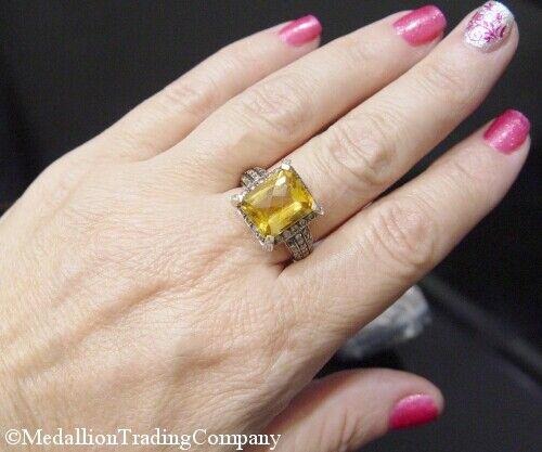 LeVian 14k Gold 6.12 Ct Octagon Citrine White & Brown Diamond Ring +Registration