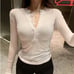 2022 Spring New V-neck Long Sleeve Sexy Lace T-shirt Women Tops White Shirts Kor