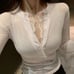 2022 Spring New V-neck Long Sleeve Sexy Lace T-shirt Women Tops White Shirts Kor