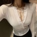 2022 Spring New V-neck Long Sleeve Sexy Lace T-shirt Women Tops White Shirts Kor