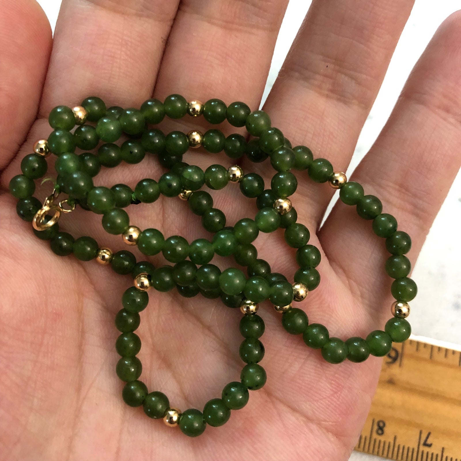 Newly hand strung genuine nephrite jade beaded necklace in 14k gold 17”