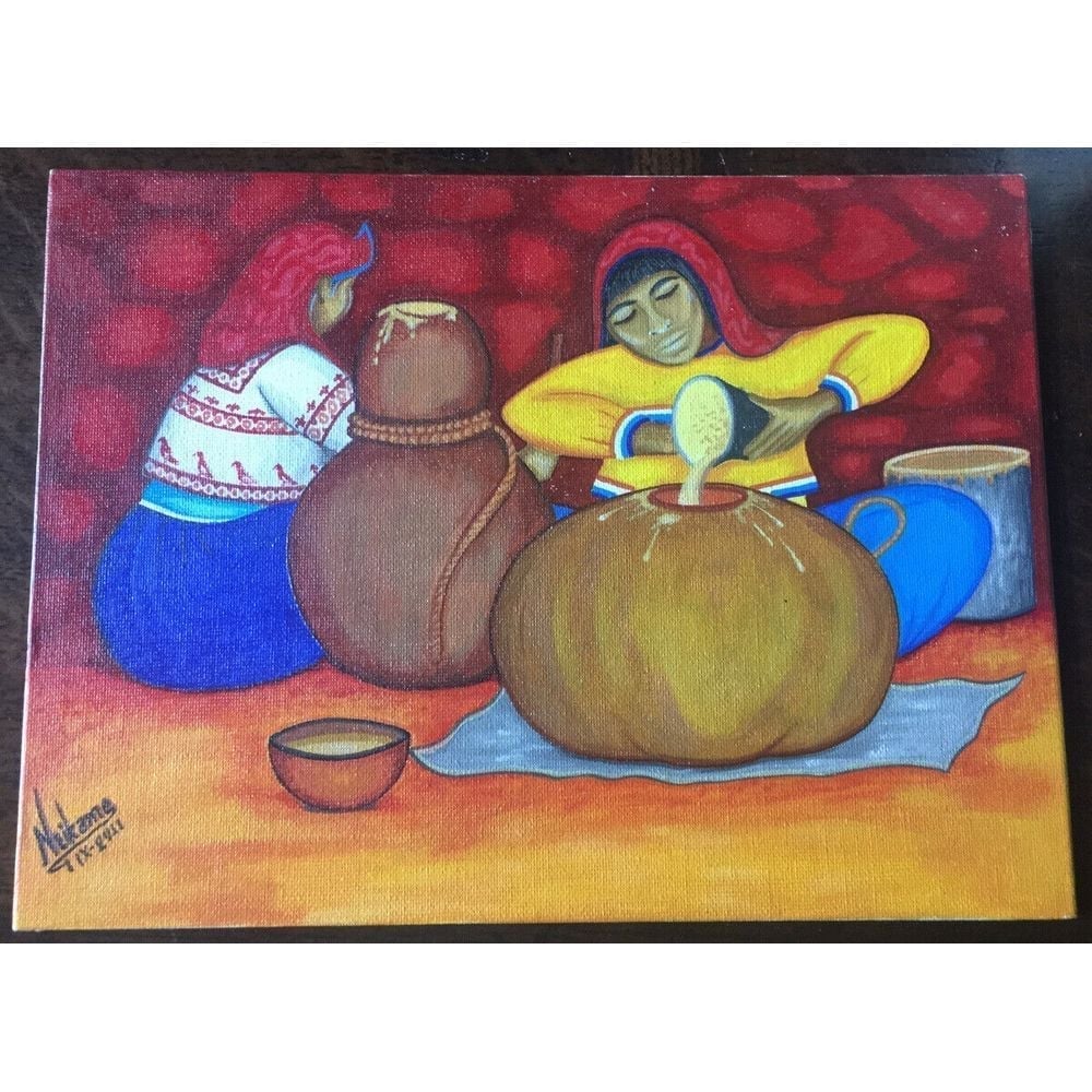 Huichol Oil Painting by Neikame Native American Women Pottery 9 x 12 Original