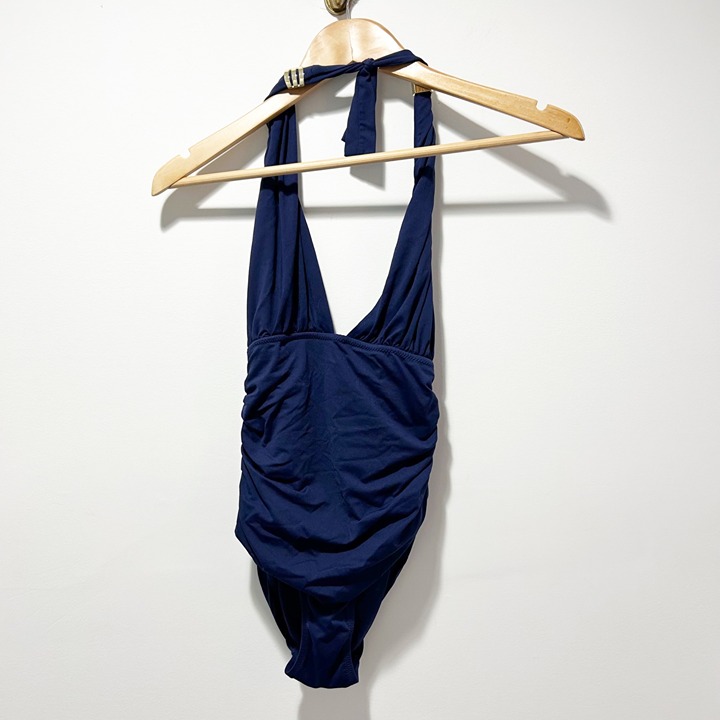 Melissa Odabash One Piece Swimsuit Size 4 Halter Plunge Navy Ruching Gold Hardwa