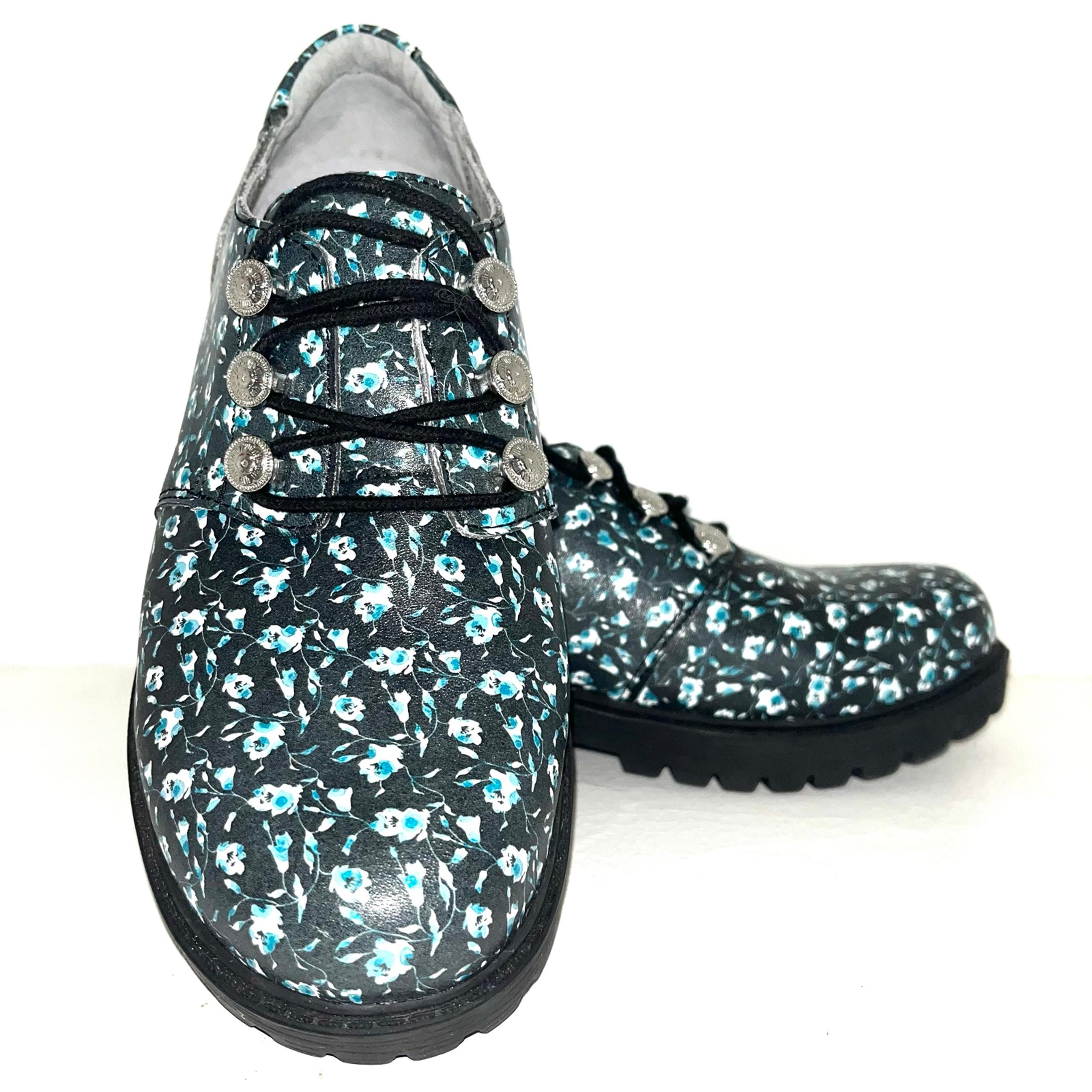 Alegria Reece Doll Parts Shoes Oxfords Floral Leather Adj. Laces Blk/Blue 7-7.5
