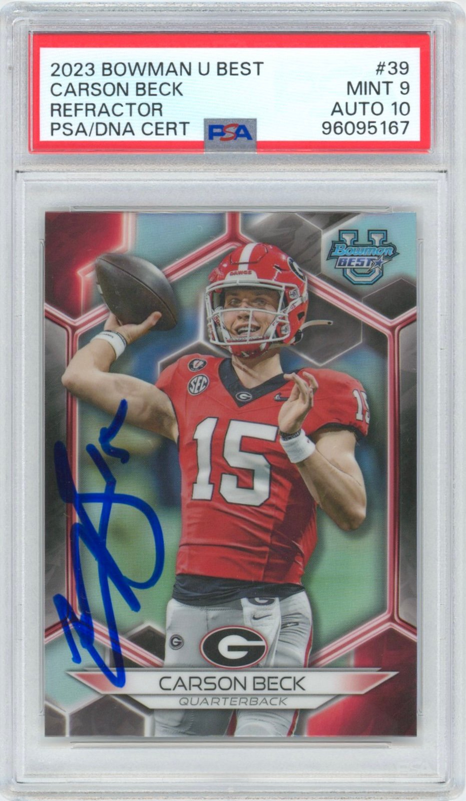 Carson Beck 2023 Autographed Bowman U Best #39 Signed Refractor PSA 9 Auto 10
