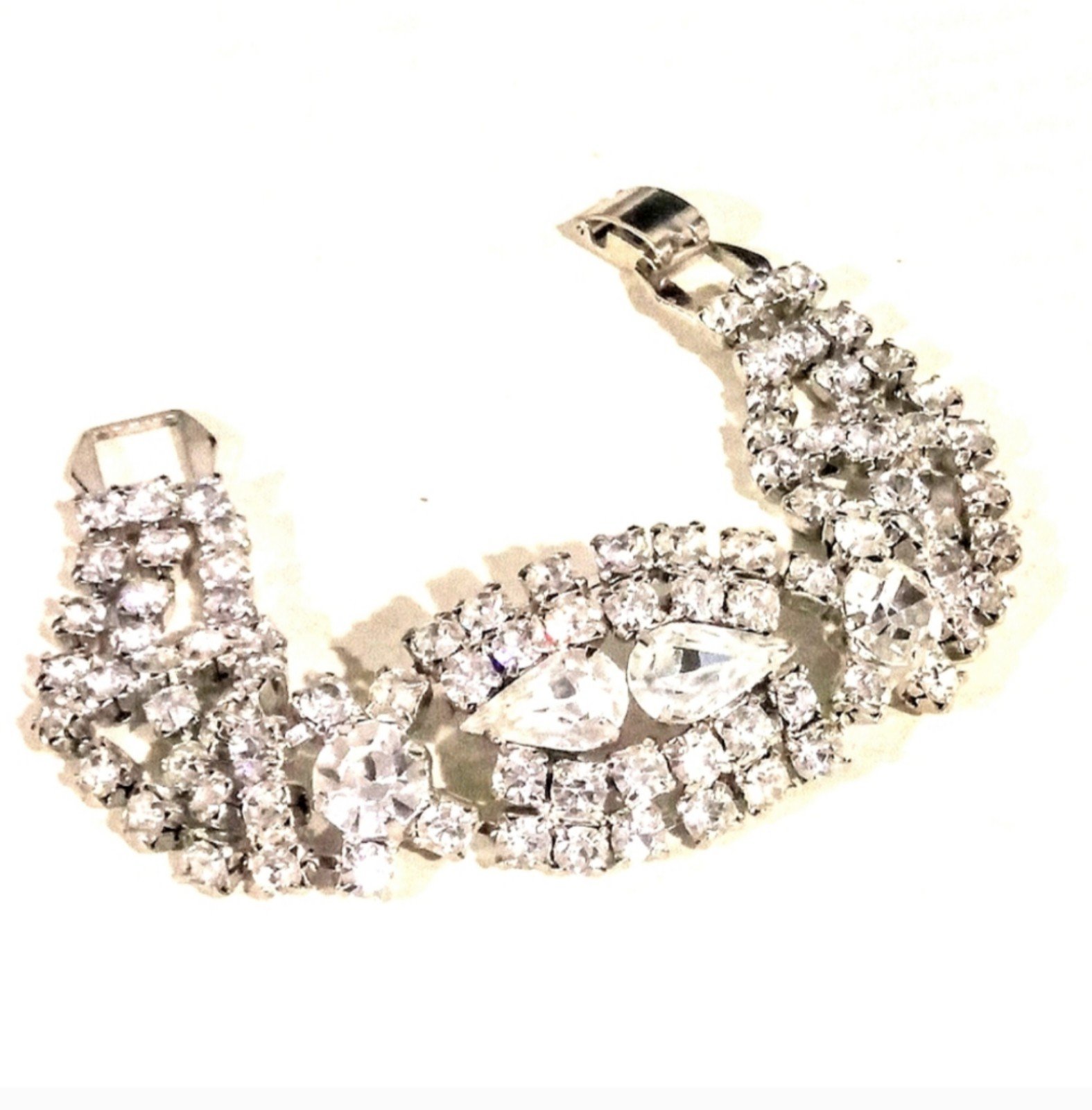 Vintage Clear Crystal Ice Rhinestone Wide Statement Bling Bracelet Unsigned