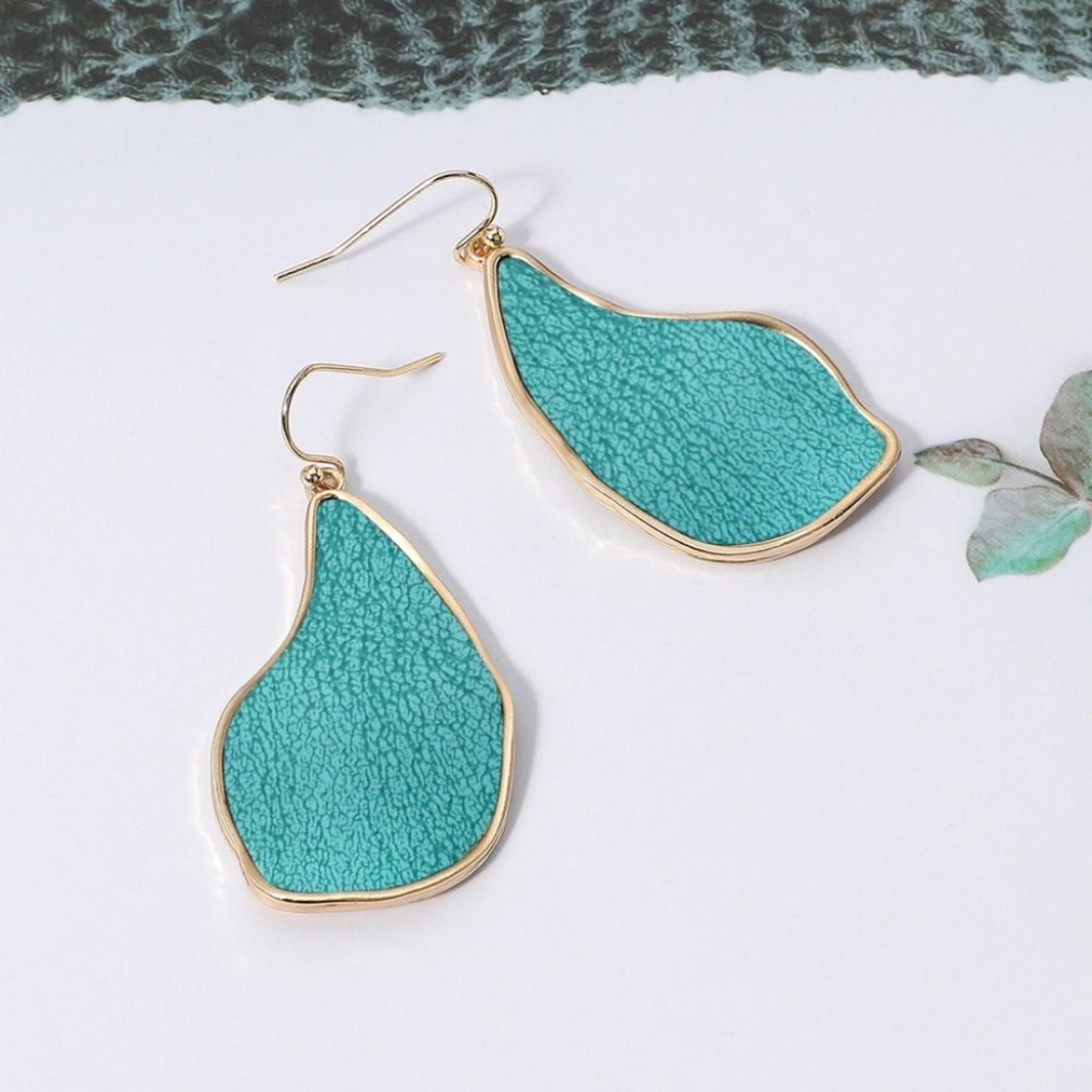 Turquoise Teardrop Metal Dangle Leather Earrings 2 Inch Drop Jewelry