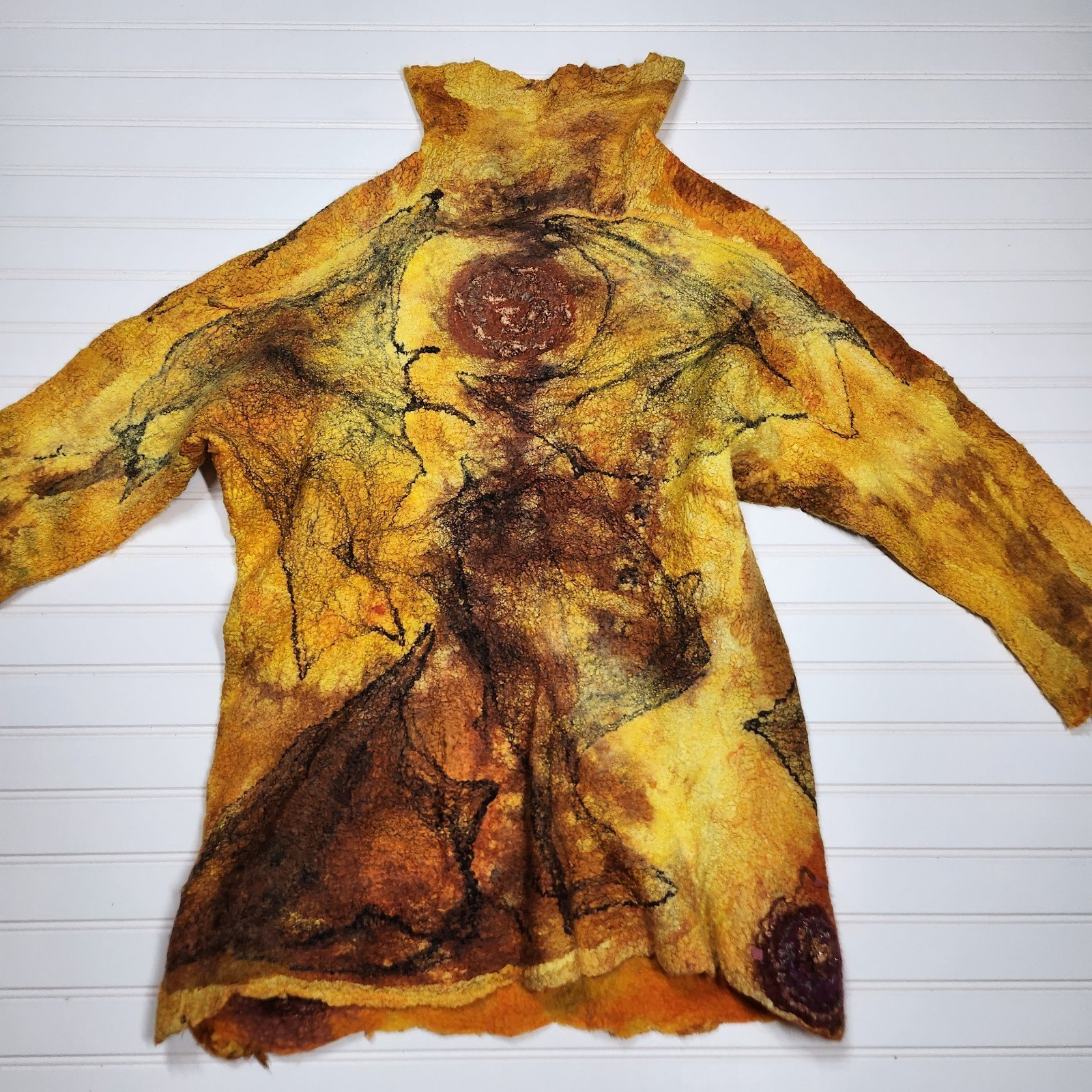 Handmade Felted Wool Art Tunic Abstract Earth Tones High Neck Long Sleeve